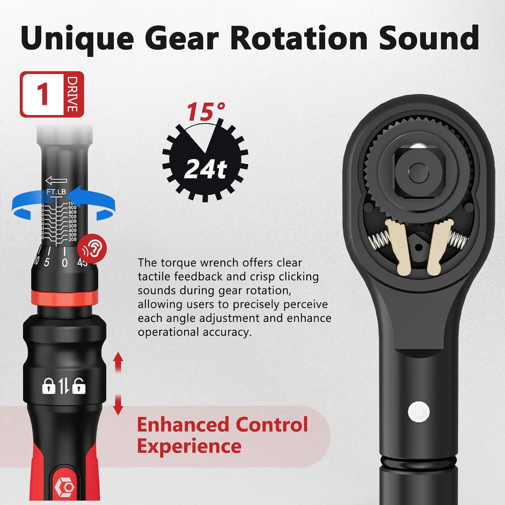 VANPO Torque Wrench 1 Inch Drive 200–1000 Ft-Lb Industrial Heavy Duty Click Type for Mining, Oilfield & Structural Work – TPR+ABS Handle, ±3% Accuracy, 24-Tooth Ratchet, 48' Long Handle with Case