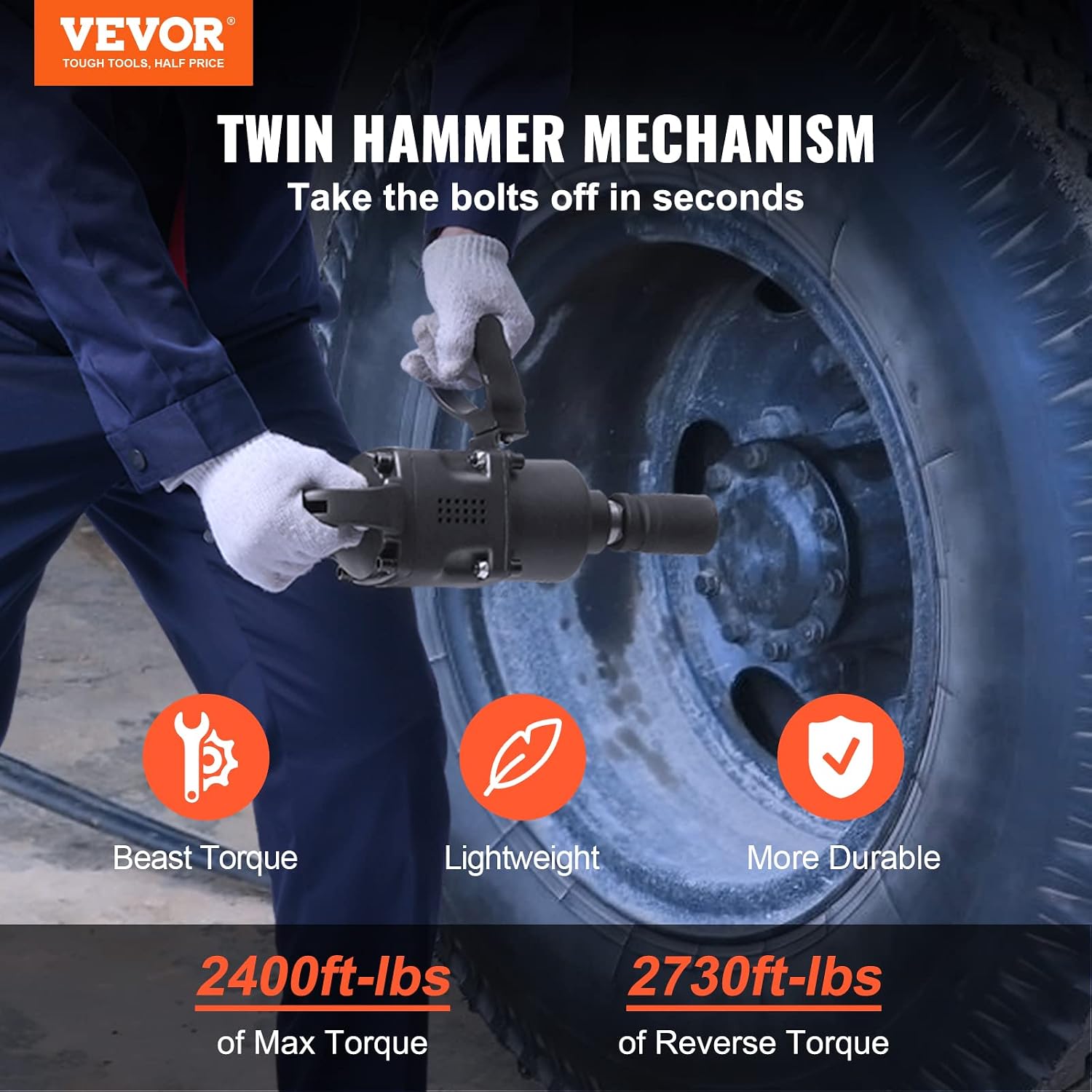 VEVOR 1 Inch Air Impact Wrench, Up to 2730 ft-lbs Reverse Torque Output 1' Pneumatic Impact Gun Lightweight w/ 2 Handles for Heavy Duty Repairs and Maintenance