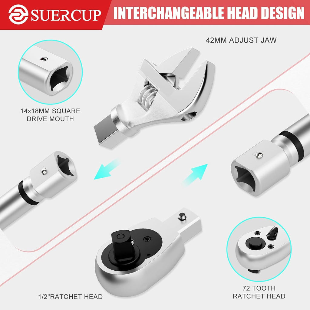 SUERCUP 1/2' Adjustable Digital Torque Wrench (1.5-99.6Ft.Lb/2-135N.m) | Interchangeable 14x18mm Head with 42mm Jaw & 1/2' Ratchet, Vibration, Buzzer & LED Flash, for HVAC, Flare Nut & Auto Repair