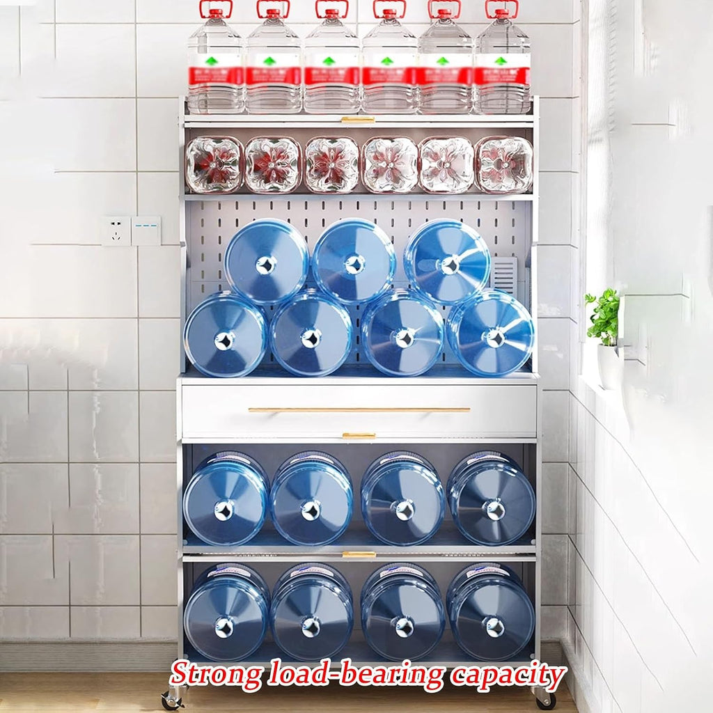 JKGHK 5-Tier Bakers Racks with Storage for Kitchens, Microwave Stand on Wheels with Flip Door Cabinets and Pegboard, Tall Kitchen Pantry Cabinet with Drawer for Home(White,80cm/31.4in)