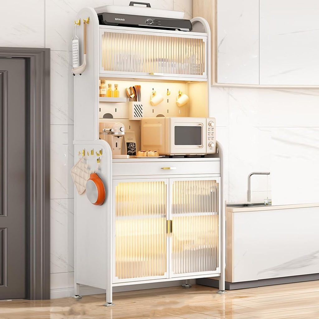 5-Tier Kitchen Baker's Rack with Drawers, Large Metal Coffee Bar Cabinet, Transparent Flip Door, DIY Backplane, 4 Hooks, White, 70CM - Perfect for Organizing and Displaying Kitchen Essential