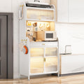 5-Tier Kitchen Bakers Rack with Drawers, Large Metal Coffee Bar Cabinet with Transparent Flip Door, DIY Backplane, 4 Hooks, Stylish White Finish - Space-Saving Storage Solution