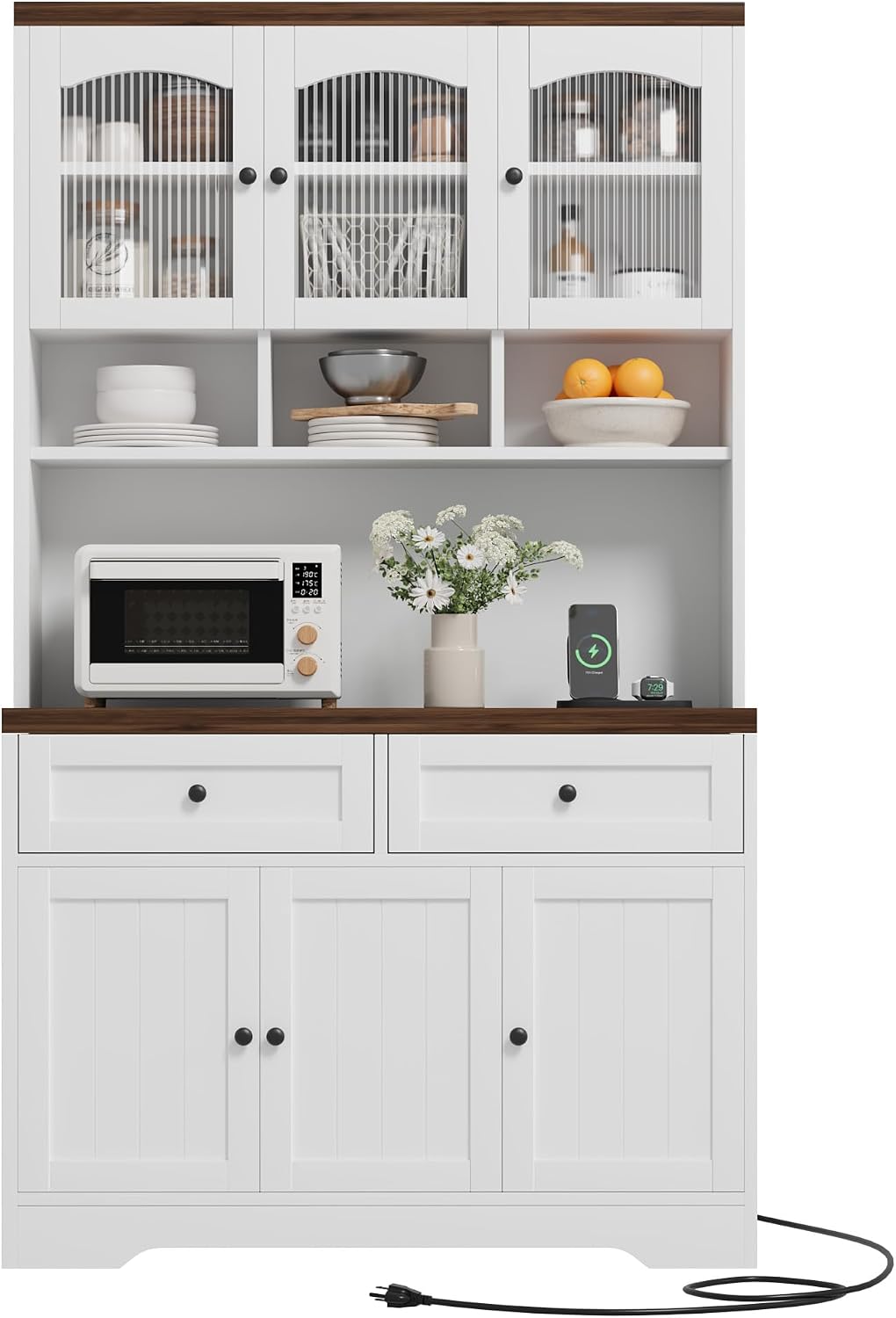 Garvee 71' Pantry Cabinet with Charging Station, Tall Kitchen Pantry Storage Cabinet with Microwave Stand, Farmhouse Kitchen Hutch with Storage Drawers for Living Room, Dining Room, White