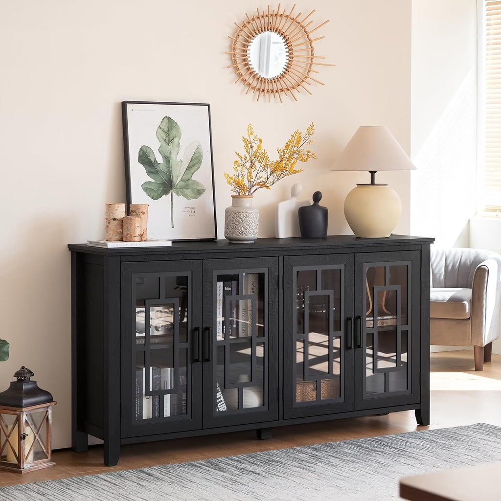 Joaxswe Large Sideboard Buffet Cabinet with Storage, 63' Black Farmhouse Kitchen Coffee Wine Bar Cabinet with 4 Glass Doors, Mid Century Modern Wooden Side Board Table for Dining Room, Living Room