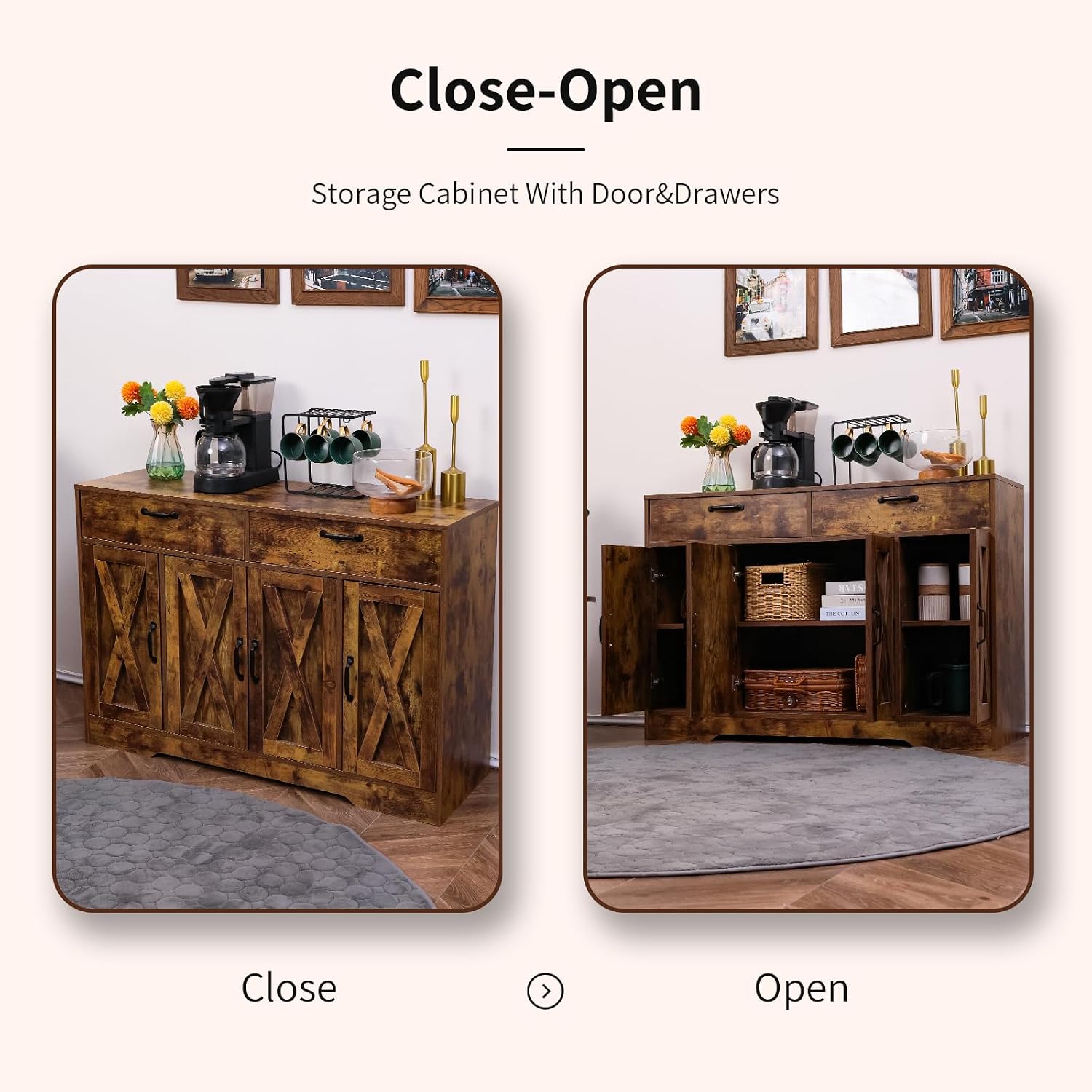 Sideboard Cabinet with Drawers, 47' W Sideboard Buffet Storage Cabinet with Storage for Kitchen, Farmhouse Coffee Bar Cabinets with Shlves and Doors Hallway, Brown