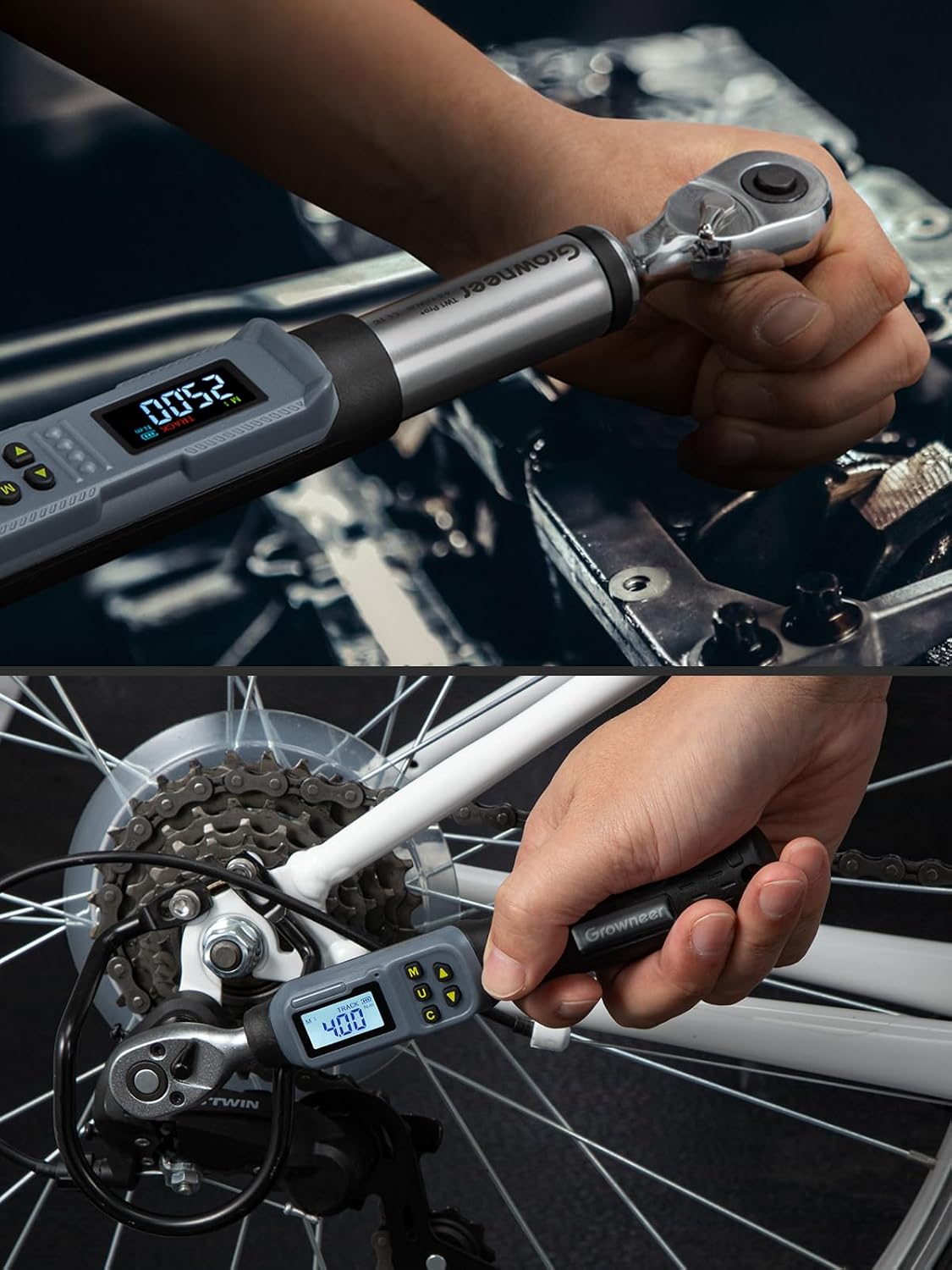 GROWNEER Digital Torque Wrench Set, 1/4' Drive 1.1-22.1 Ft-lbs/1.5-30Nm & 1/2'' Drive 7.38-147.5 Ft-lbs/10-200Nm Electronic Torque Wrench Combo with Buzzer & LED Indicator for Motor Car Repair