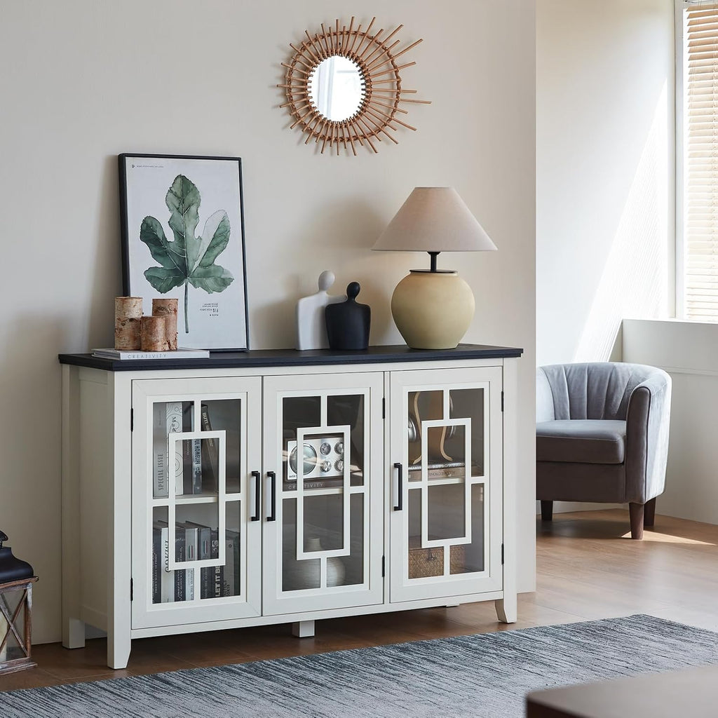 Joaxswe Large Sideboard Buffet Cabinet with Storage, 55' Farmhouse White Kitchen Coffee Wine Bar Cabinet with 3 Glass Doors, Wood Mid Century Modern Side Board Table for Dining Room, Living Room