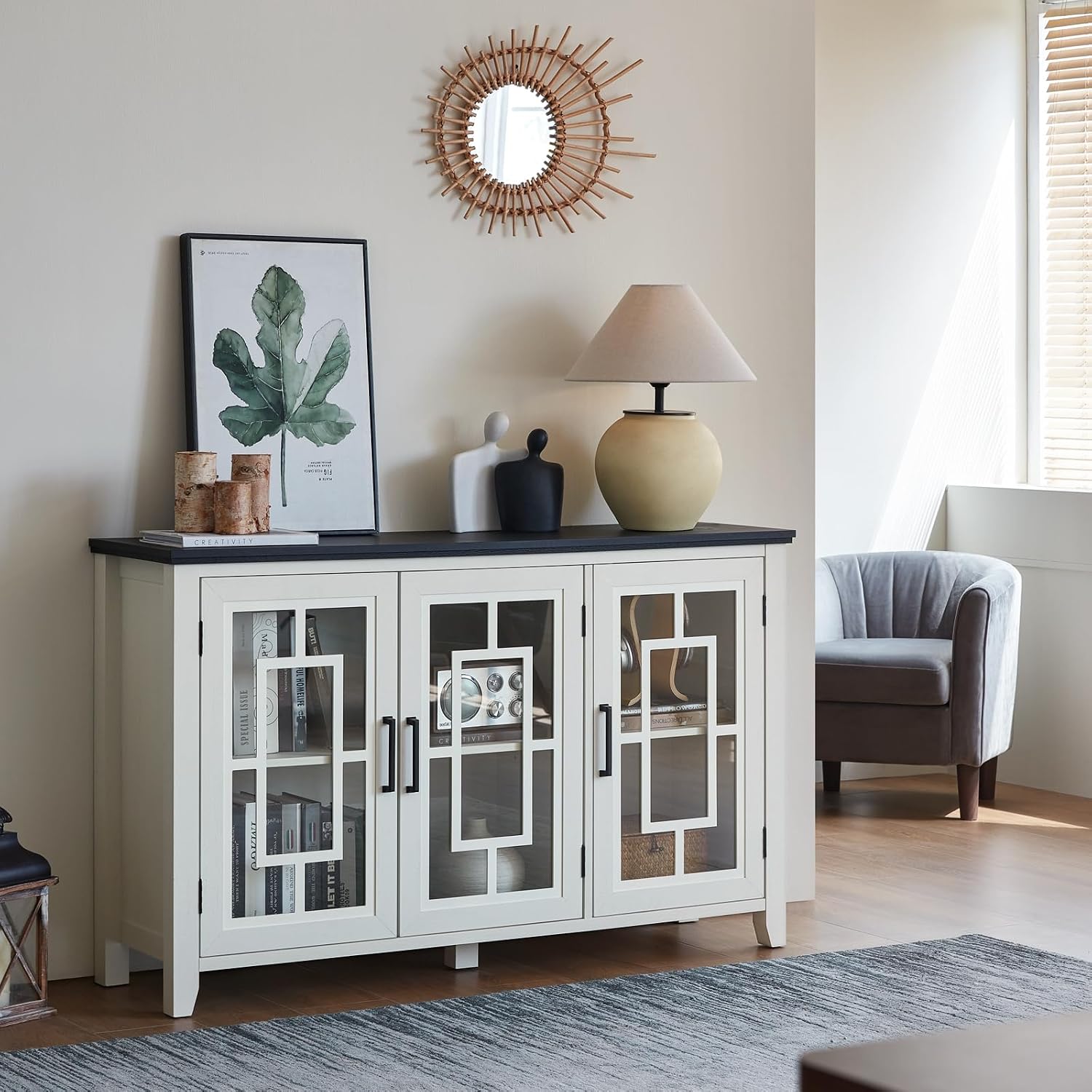 Joaxswe Large Sideboard Buffet Cabinet with Storage, 55' Farmhouse White Kitchen Coffee Wine Bar Cabinet with 3 Glass Doors, Wood Mid Century Modern Side Board Table for Dining Room, Living Room