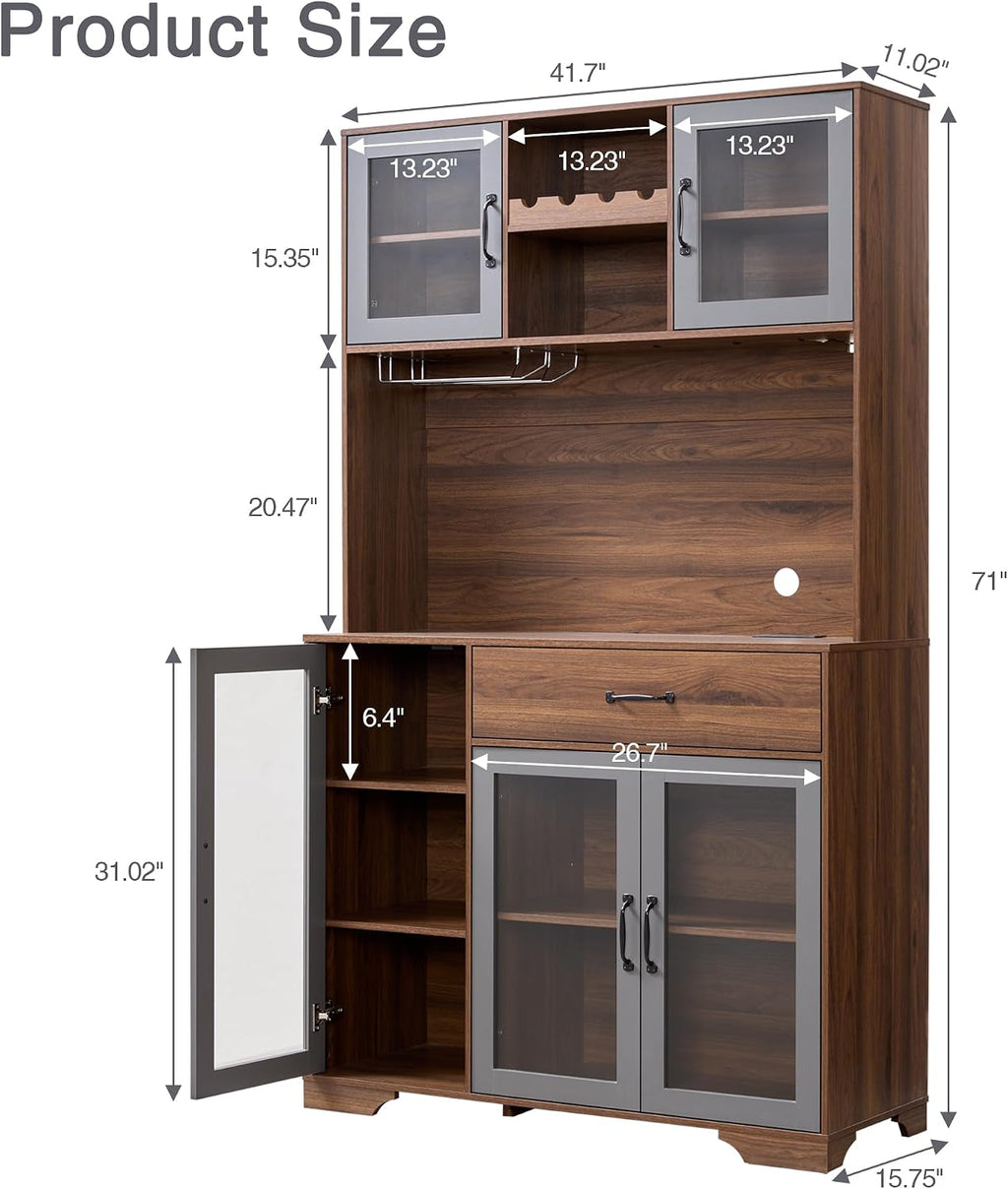 Fatmok 71' Tall Pantry Cabinet with Glass Doors, Kitchen Hutch Storage Cabinet, Coffee Bar & Liquor Cabinet with Charging Station & LED Lights, Wine Rack, Adjustable Shelves＆Large Drawer, Brown