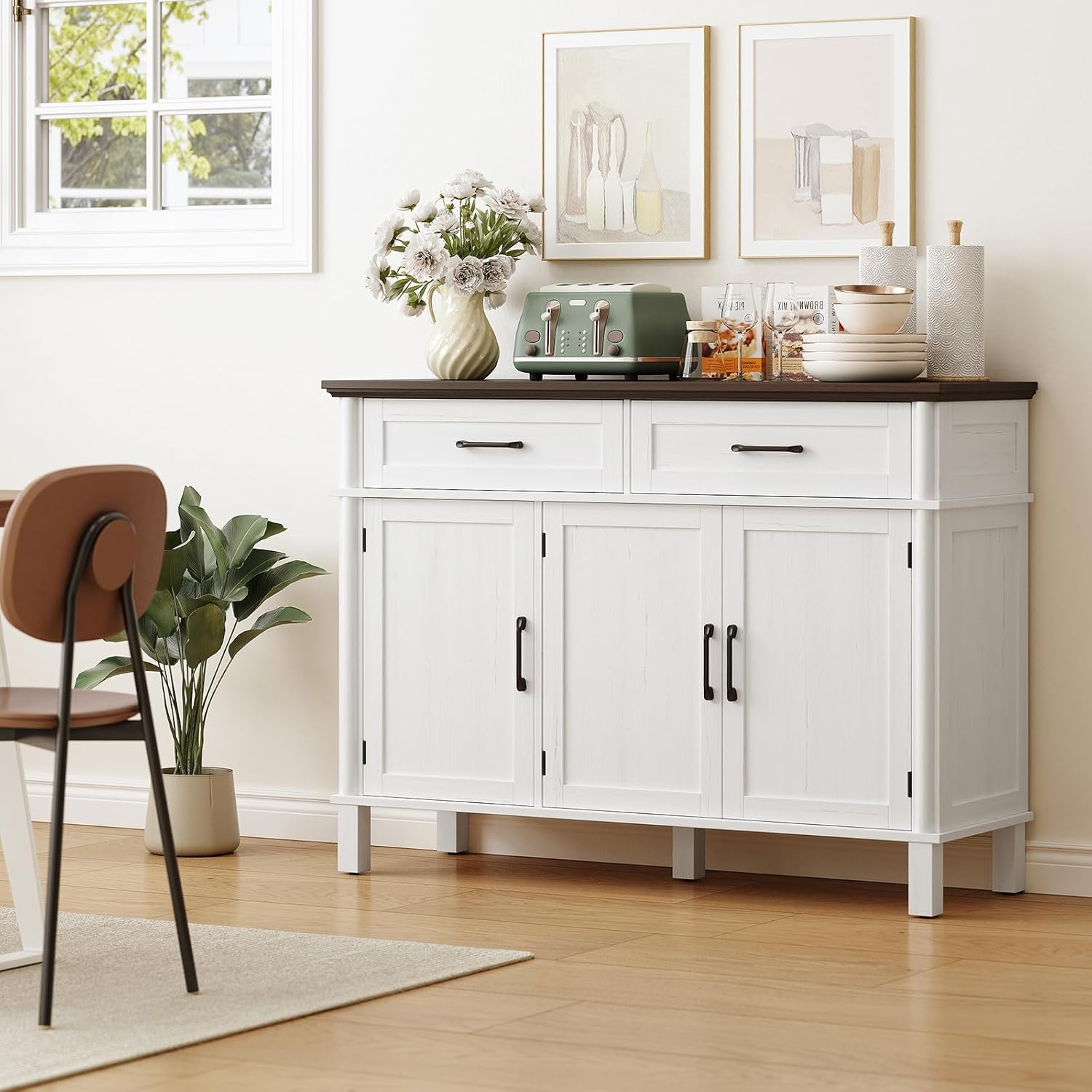 48 Inches Buffet Cabinet with Storage, Farmhouse Sideboard Buffet w/2 Drawers and 3 Doors, Wood Coffee Bar Cabinet with Adjustable Shelves, Sideboard Storage for Kitchen, Living Room, Off White