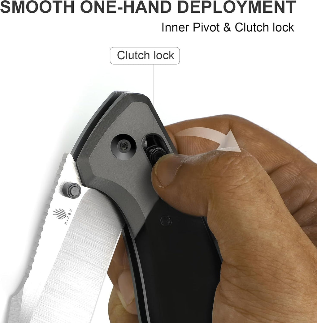 Kizer Staffi Pocket Knife, 3.32' S45VN Folding Knife with Black & Gray Titanium Handle, Clutch Lock EDC Knives with Reversible Pocket Clip for Men Women Ki3695A2