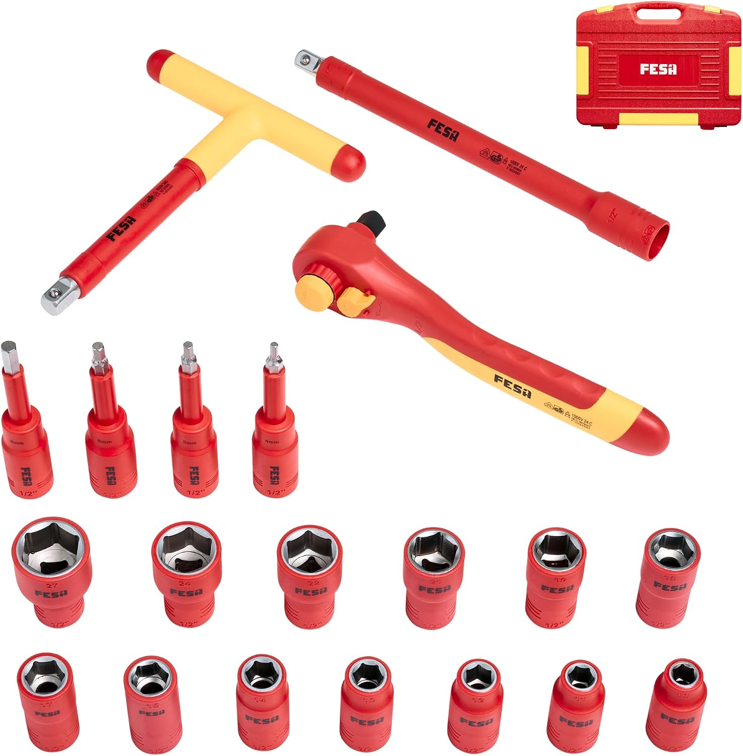 FESA Electrician Insulated Socket Set - 1000V 20-Piece Professional Insulated Ratchet & Socket Wrench Set (1/2' Drive) w/ 4 Hex Bits, T-Handle & Extension - 1000 Volt Insulated Tools for Electricians