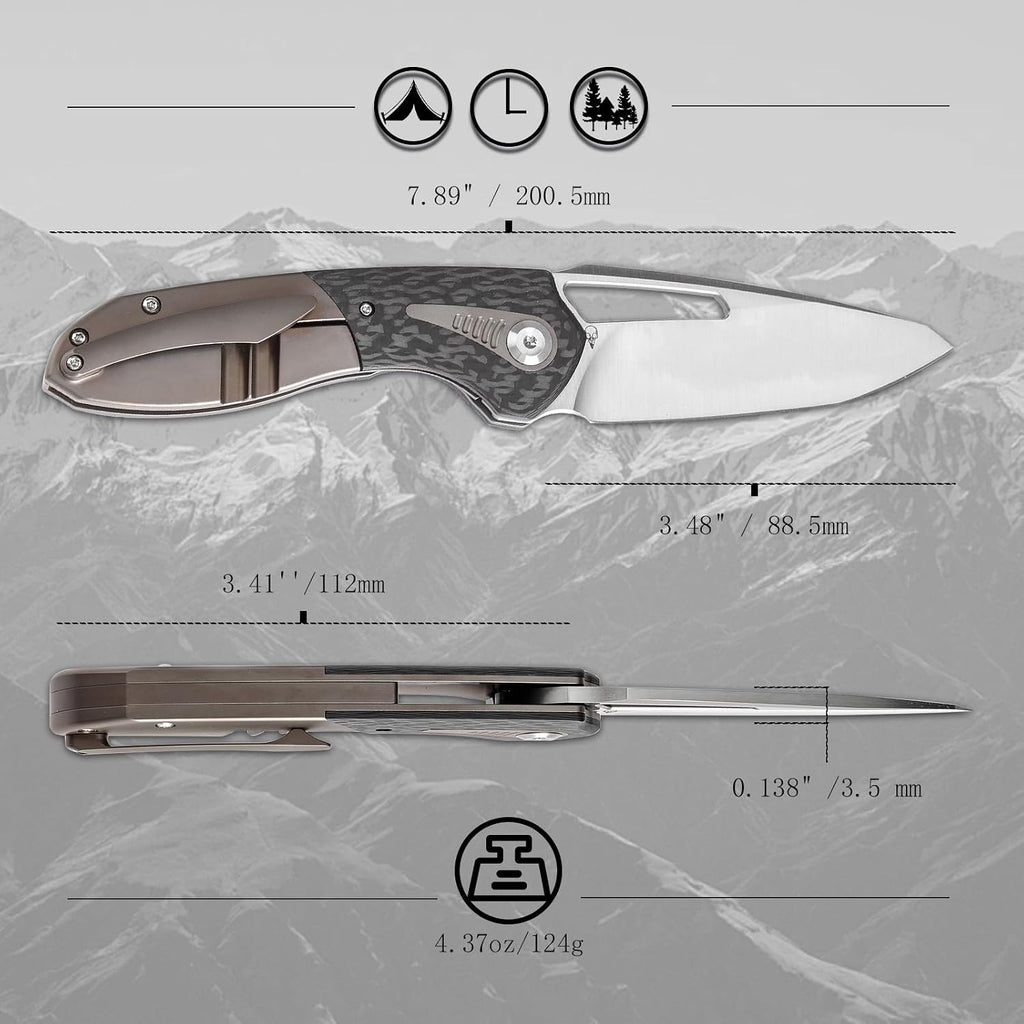 KANSEPT Thoth Camping Pocket Knives for Men 8.05in Folding Pocket Knives with 3.43in Satin CPM 20CV Material and Twill Carbon Fiber+ Titanium Handle for Outdoor, Tactical, Survival K1075T3