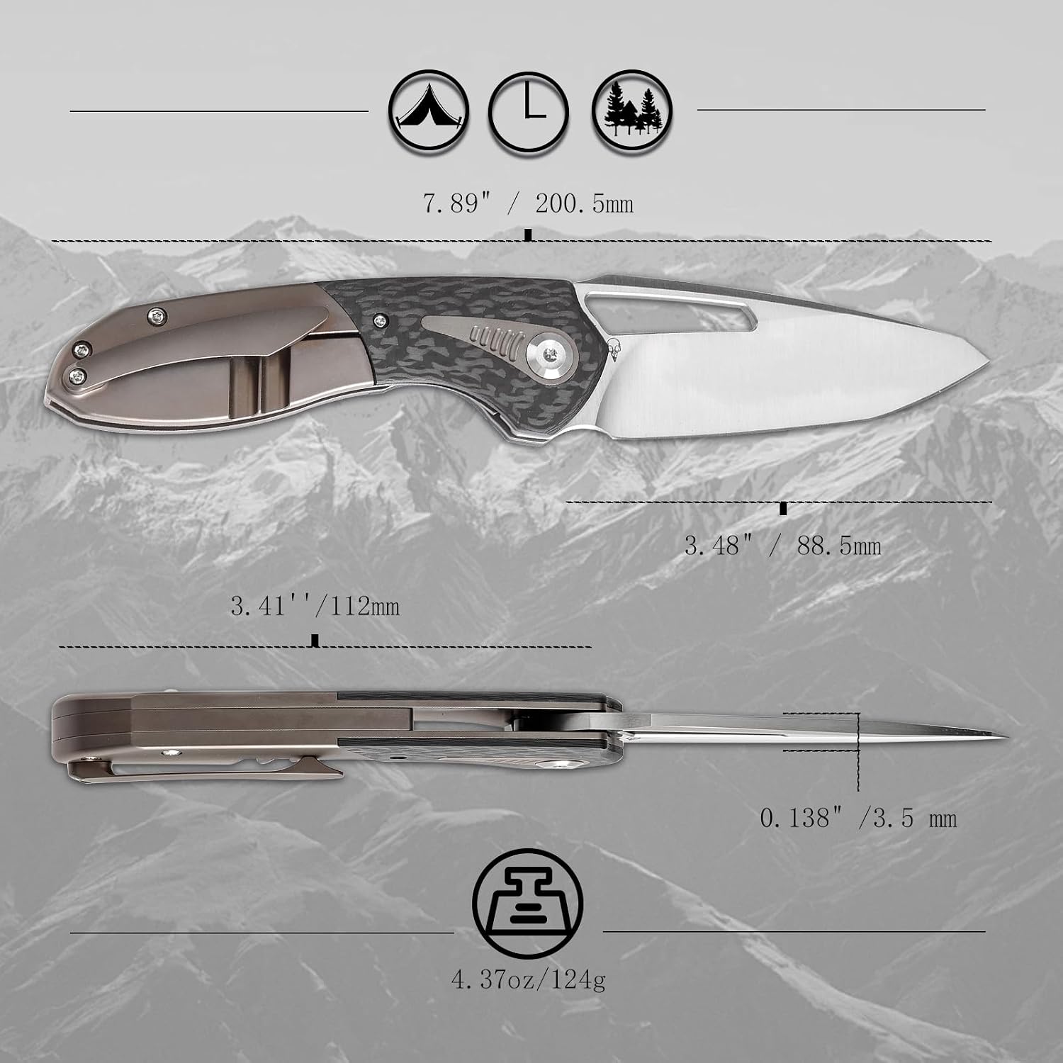 KANSEPT Thoth Camping Pocket Knives for Men 8.05in Folding Pocket Knives with 3.43in Satin CPM 20CV Material and Twill Carbon Fiber+ Titanium Handle for Outdoor, Tactical, Survival K1075T3