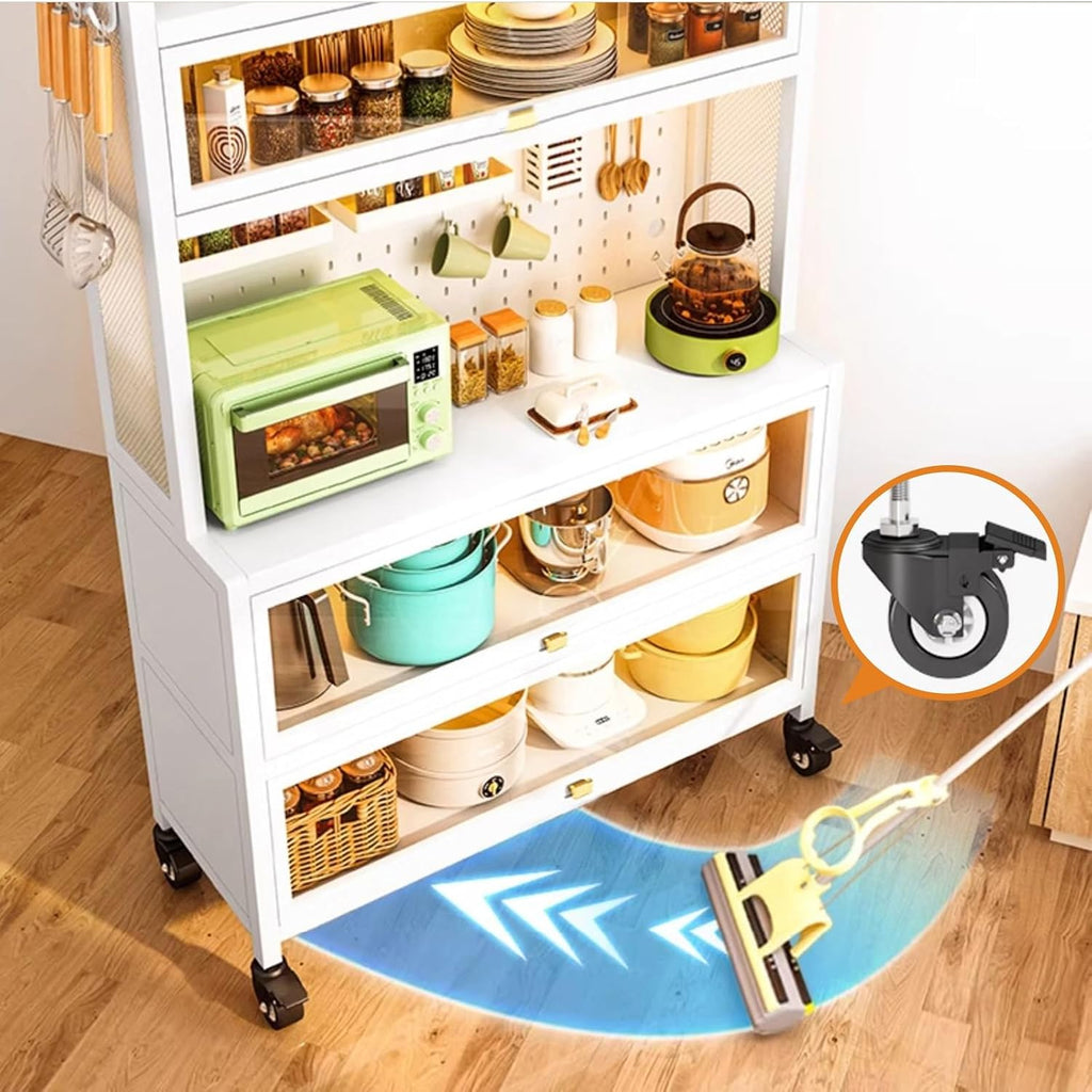 Microwave Storage Stand,Kitchen Baker's Rack with Flip Door Cabinet, 6-Tier Microwave Stand 4 Hooks, Kitchen Storage Rack, for Home, Office, Pantry(White,80cm)