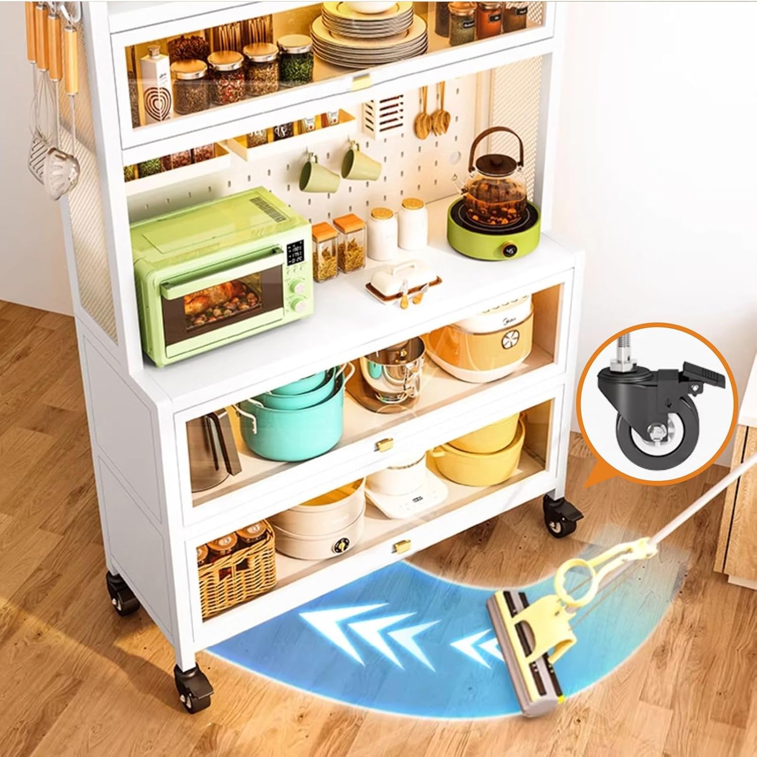 Microwave Storage Stand,Kitchen Baker's Rack with Flip Door Cabinet, 6-Tier Microwave Stand 4 Hooks, Kitchen Storage Rack, for Home, Office, Pantry(White,80cm)