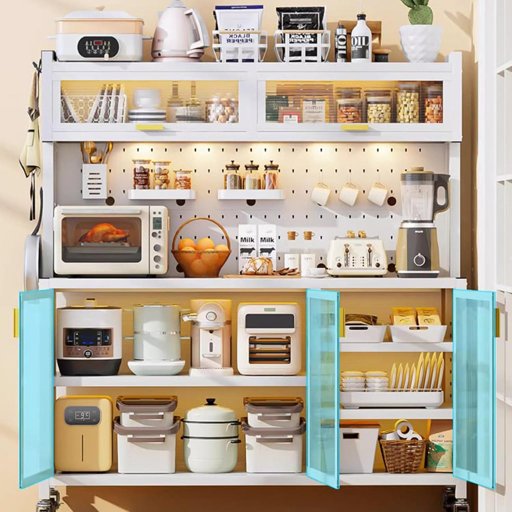 5-Tier Microwave Cart with Storage, Movable Standing Storage Cabinet Bakers Rack with Doors, DIY Backplane Creative Kitchen Storage Shelf for Spices Pots and Pans(L100cm(39.4in), White)