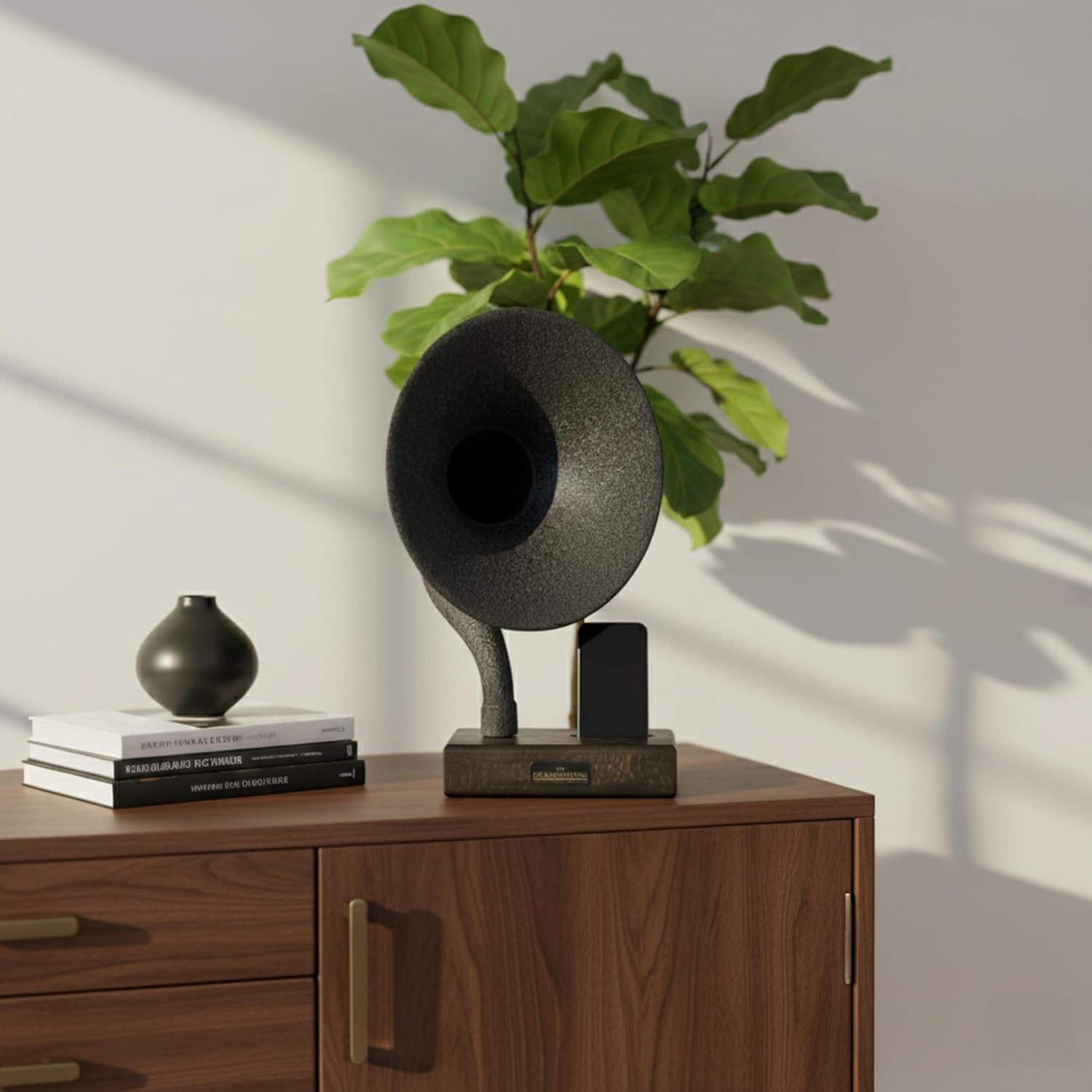 Handmade Acoustic Phone Speaker, Gramophone Phone Amplifier, Vintage Passive Speaker for Home Decor, Office Furniture Gift, Unique Handmade Smart Phone Dock - 17' Dark Walnut & Aged Carbon