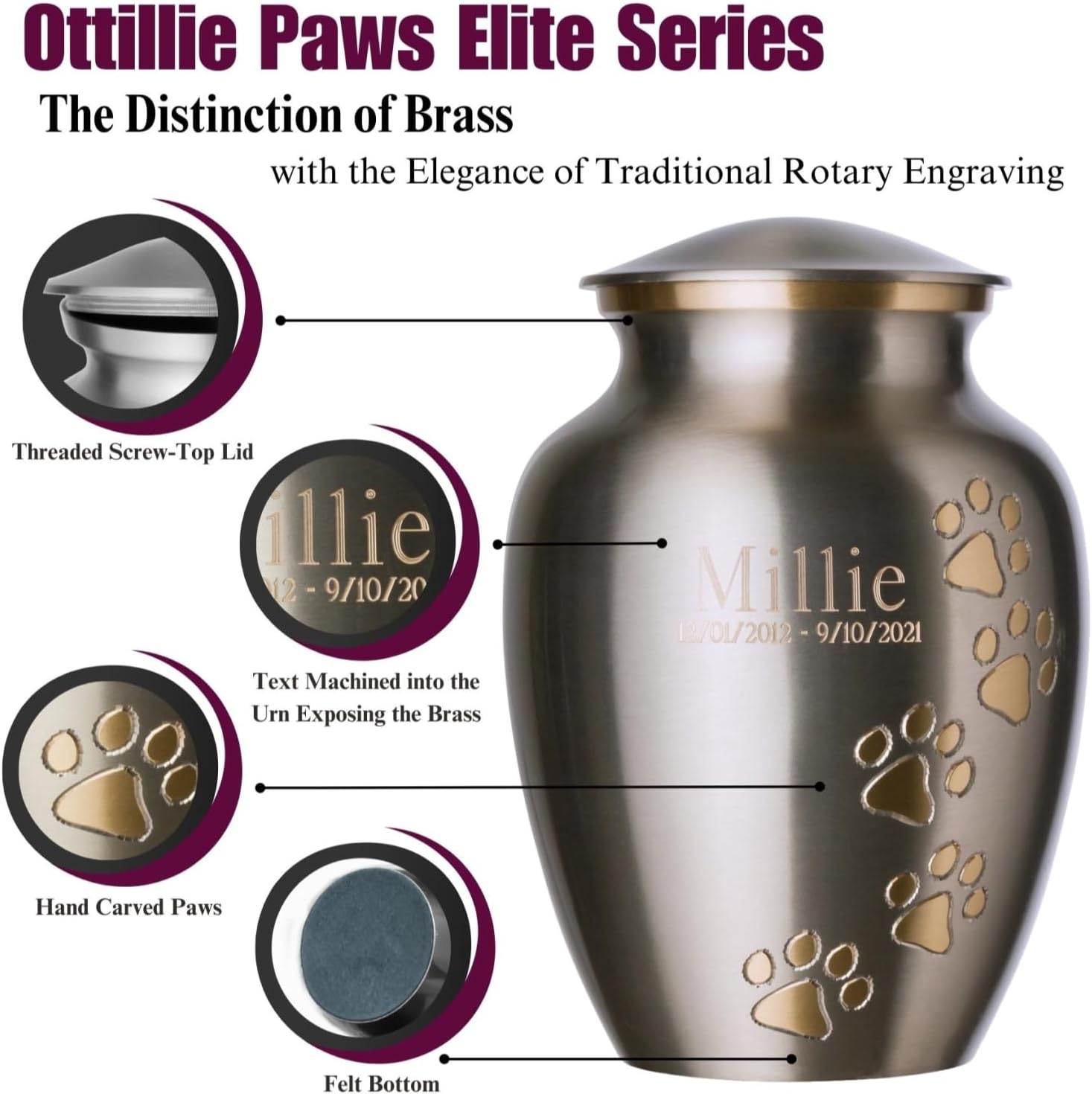 Ottillie Paws Elite Series Pet Urn for Dogs with Personalized Engraving (Large - Pets up to 115 lbs, Brass, Horizontal, Ebony)