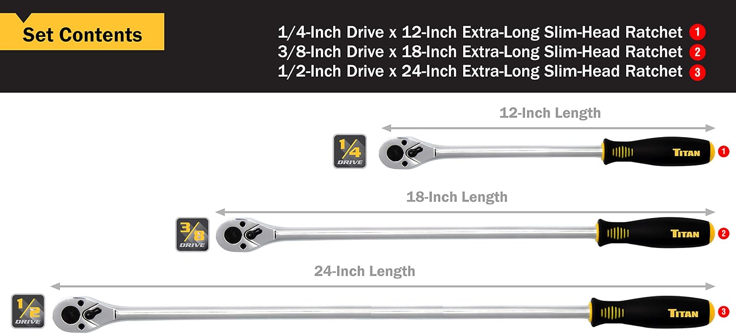 Titan 11360 3-Piece 36-Tooth Extra-Long Slim Head Ratchet Set