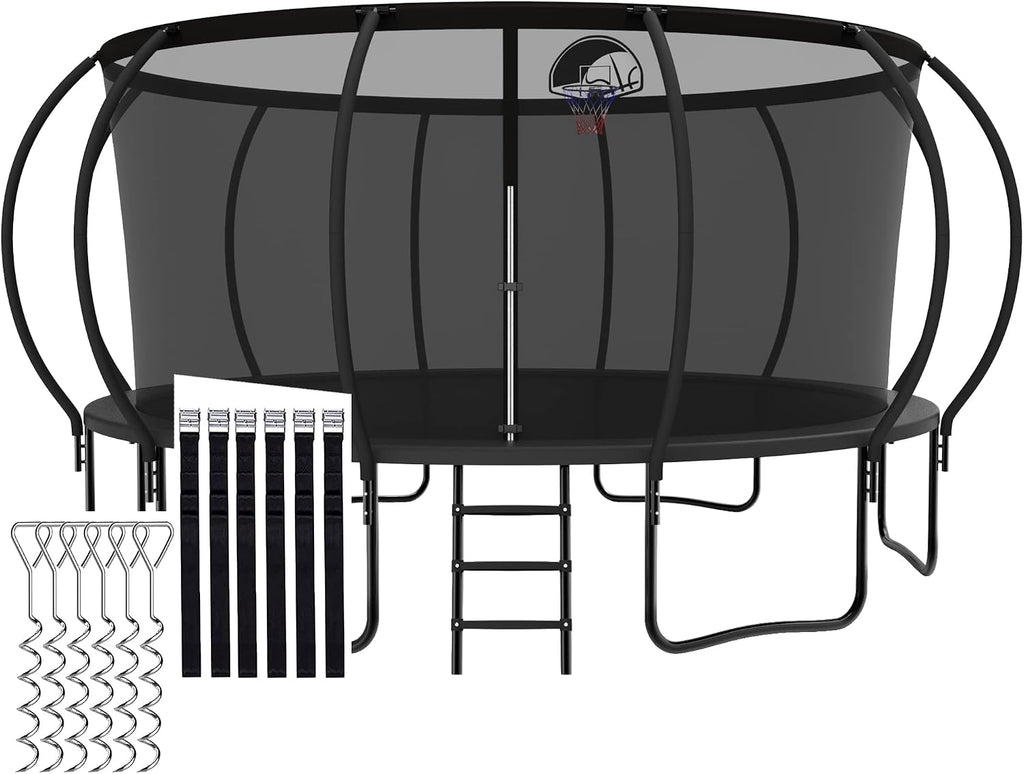 1500LBS Capacity No-Gap Design 8 10 12 14 15 16 FT Recreational Jumper with Enclosure Net, Wind Stakes & Basketball Hoop, ASTM Approved, Perfect for Kids & Adults Family Outdoor Backyard Fun