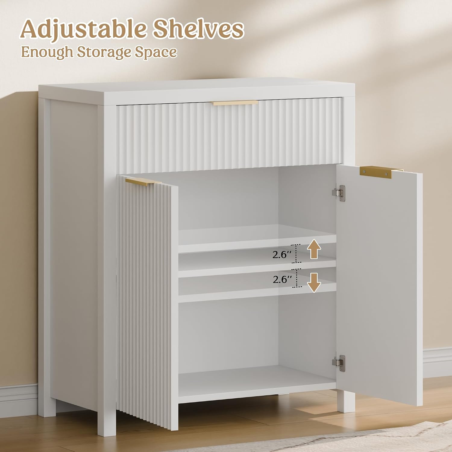 Lulive White Fluted Storage Cabinet with Drawers Buffet Sideboard Cabinet with Adjustable Shelves for Kitchen Living Room, Kitchen, Entryway