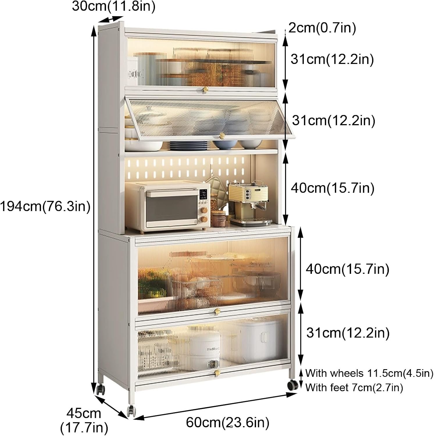 Kitchen Baker's Rack with Flip Door Cabinet, 6-Tier Microwave Stand 4 Hooks, Kitchen Storage Rack, for Home, Office, Pantry(White,60cm)