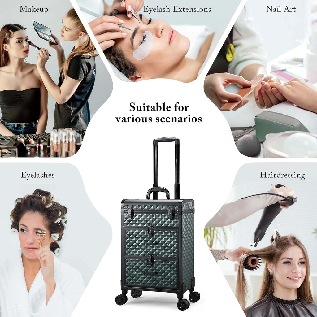 Professional Rolling Makeup Train Case with Drawers, Makeup Case on Wheels, Nail Tech Rolling Cart Storage Organizer Trolley Make up Case for Travel Makeup/Nail Art/Hair Styling, Dark Green