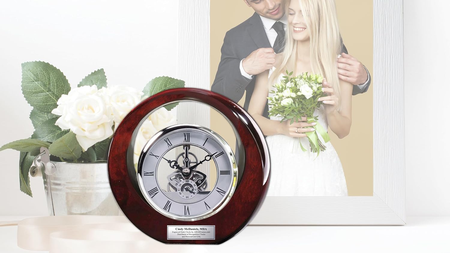 Executive Engraved Silver Gear Da Vinci Marquee Dark Cherry Personalized Desk Clock Employee Recognition Service Award Wedding Anniversary Desk Clock Retirement Coworker Boss Colleague