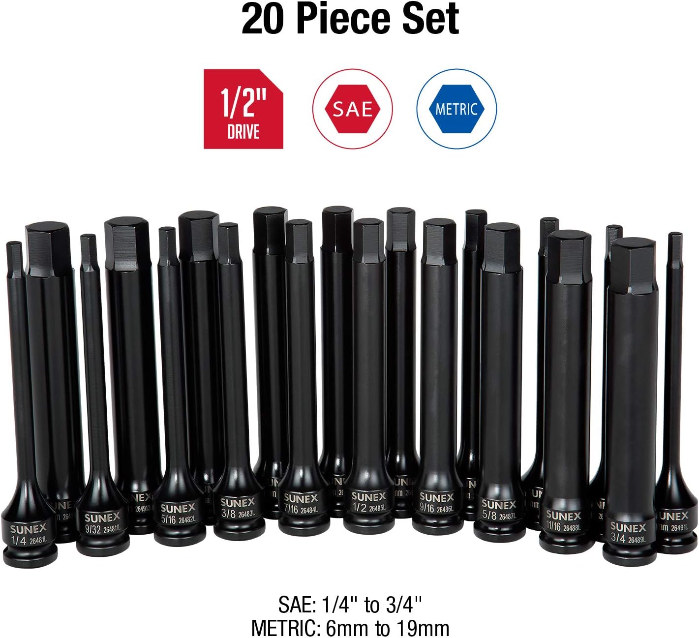 Sunex 2637L, ½' Drive, 6' Long Master Impact Hex Driver Set & Sunex 3646, 3/8 Inch Drive Low Profile Impact Hex Driver Set, 16-Piece, SAE/Metric, 1/4 Inch - 3/4 Inch, 6mm - 19mm