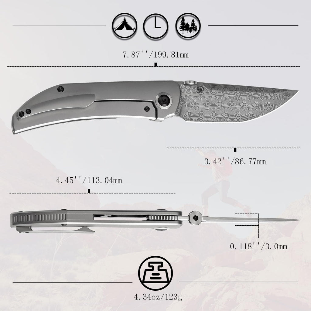 KANSEPT Tarkin Camping Pocket Knives for Men 7.87in Folding Pocket Knives with 3.42in Damascus Material and Bead Blasted Titanium Handle for Outdoor, Tactical, Survival K1078A4