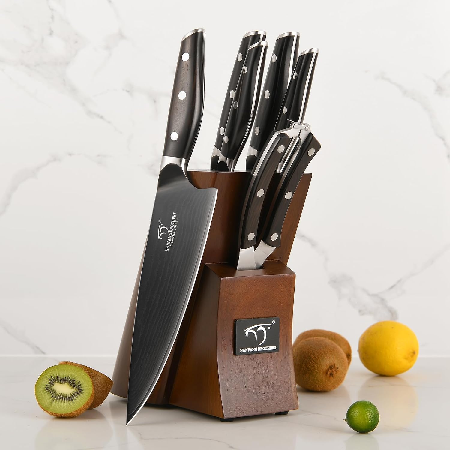 7-Piece Damascus Knife Set with VG10 Core Blades, 67-Layer Damascus Steel, Black Titanium Coated Kitchen Knives for Polished Ebony Wood Handle for a Comfortable, Ultra Sharp Chef Knife Set