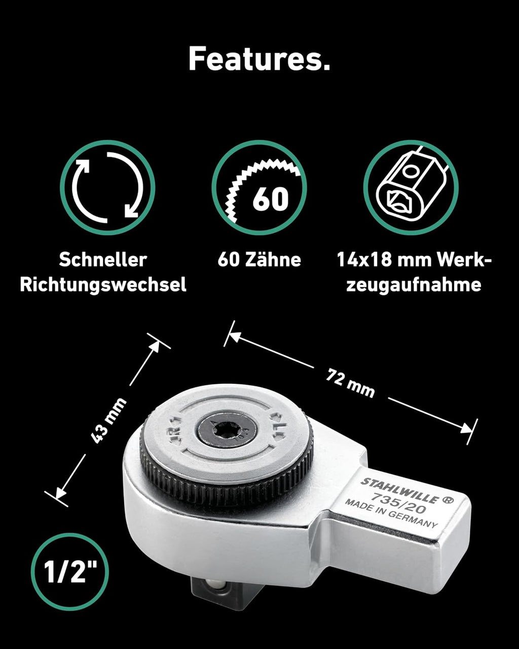 Stahlwille 58250020 Reversible Ratchet Insert Tool, 1/2-Inch Square Drive, 60 Fine Teeth, Made of Chrome Alloy Steel & Chrome-Plated, for Use w/Stahlwille's Torque Wrench No. 730/20 Quick, Size 20