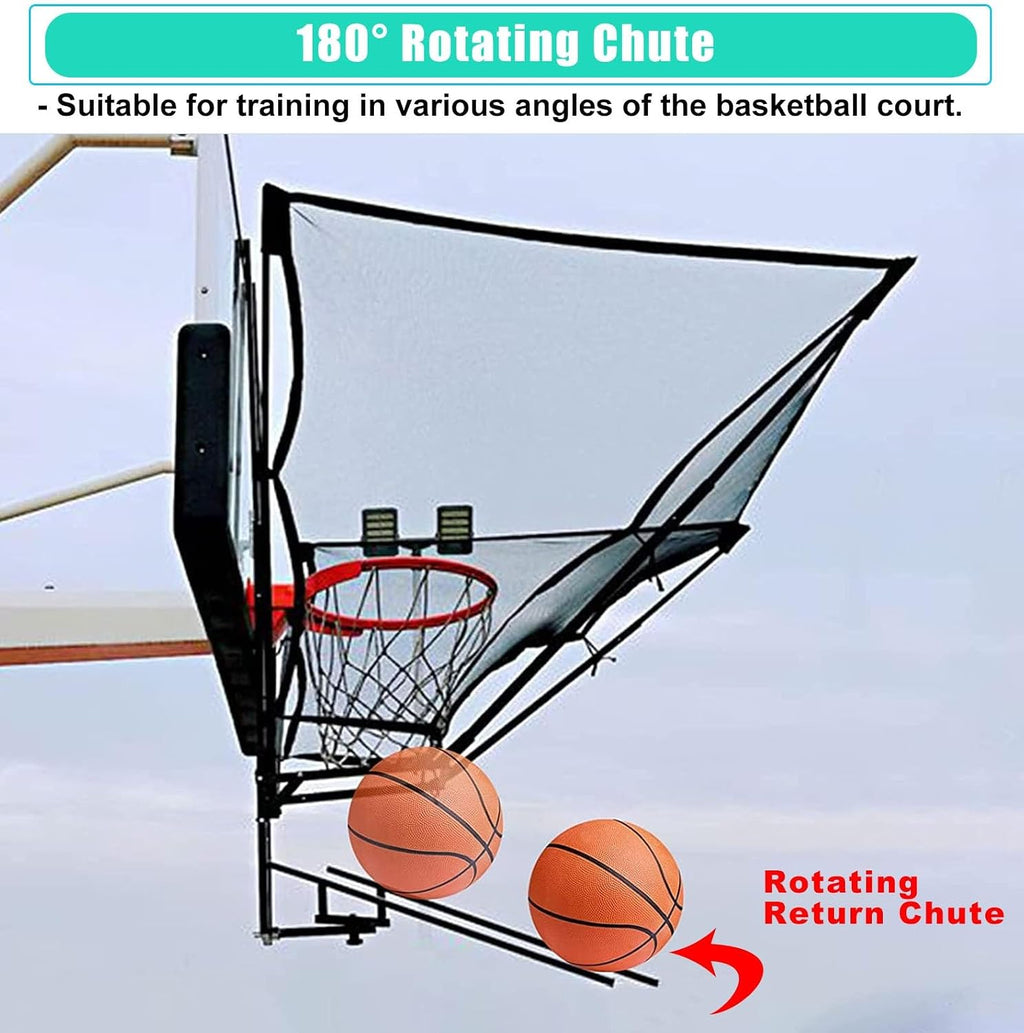 Basketball Shot Return NET Apparatus with 180° Rotating Chute, Suspended Portable Shooting Basketball Rebounder Device