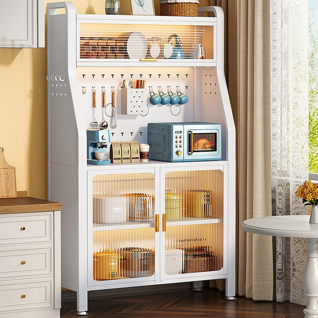 White Bakers Rack with Doors | Free Standing Kitchen Cabinet | Dual Door Microwave Stand | Storage Baker's Rack for Hallway | 66cm/26in Space-Saving Design