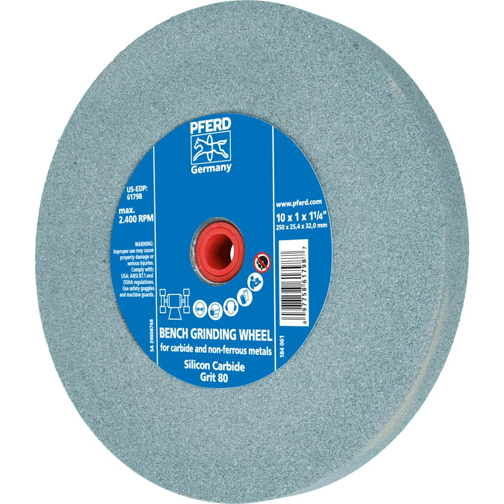 PFERD Vitrified Bench Grinding Wheel - CARBIDE, 10' Diameter, 1' Thick, 2' Arbor Hole, 80 Grit, Silicon Carbide, for Carbide Tool Sharpening and Grinding - Part 61798