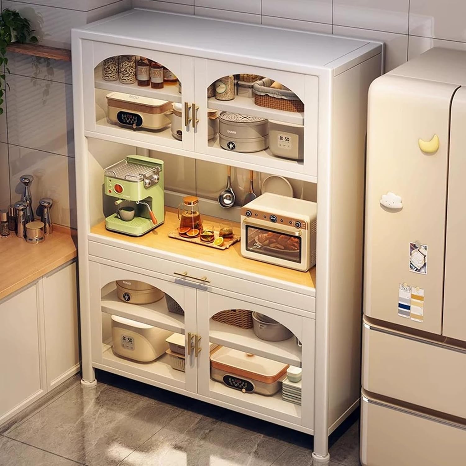 JKGHK Kitchen Pantry Cabinet Buffet with Drawer Storage, 72.8in Microwave Stand with 3 Adjustable Levels, Standing Bakers Racks with Glass Doors, for Dining Room(White,80cm/31.4in)