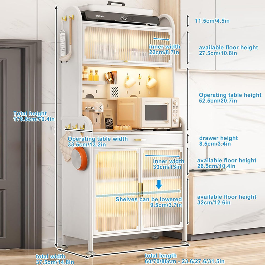 5-Tier Kitchen Bakers Rack with Drawers, Large Metal Coffee Bar Cabinet with Transparent Flip Door, DIY Backplane, 4 Hooks, Stylish White Finish - Space-Saving Storage Solution