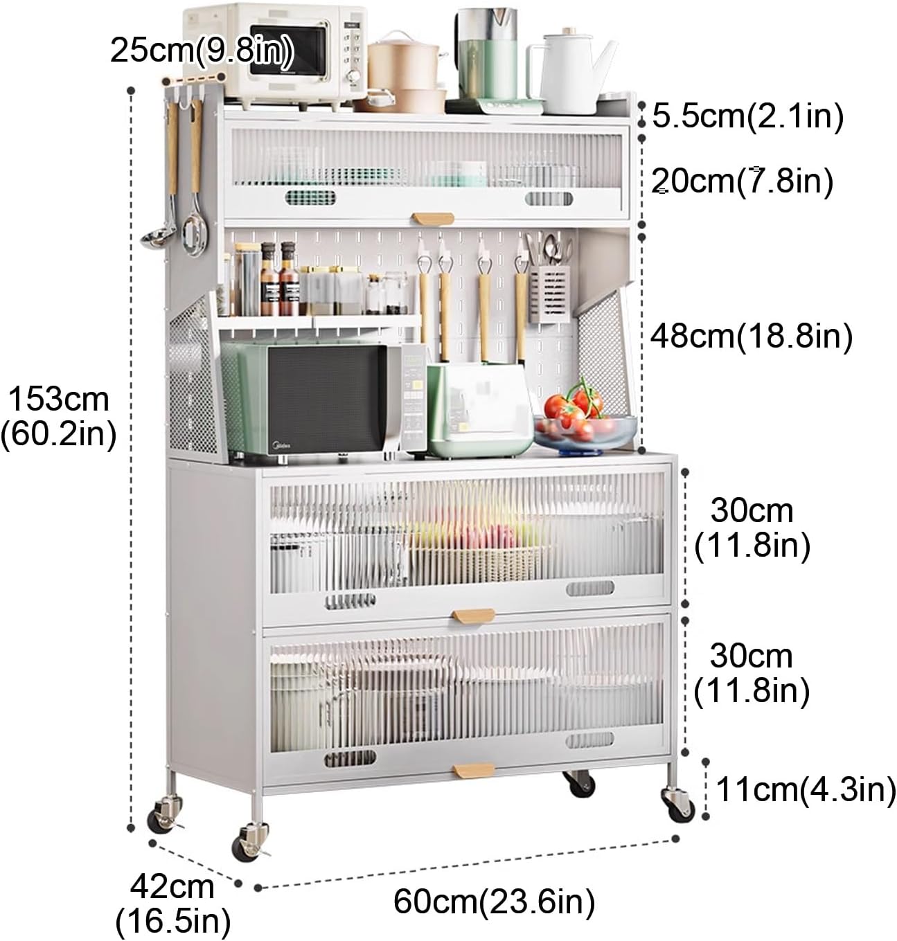 5-Tier Standing Kitchen Baker's Rack, 5 Tiers Storage Cabinet for Kitchen, with Drawers, for Kitchen Hutch, Home, Office, Pantry(White,60cm)