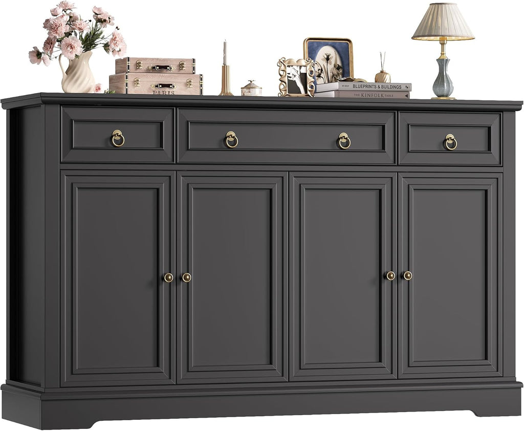 FINETONES Buffet Cabinet with Storage, 52.7' Large Sideboard Buffet Table, Black Kitchen Cabinet with 3 Drawers and 4 Doors, Wood Coffee Bar for Kitchen Dining Room, Black