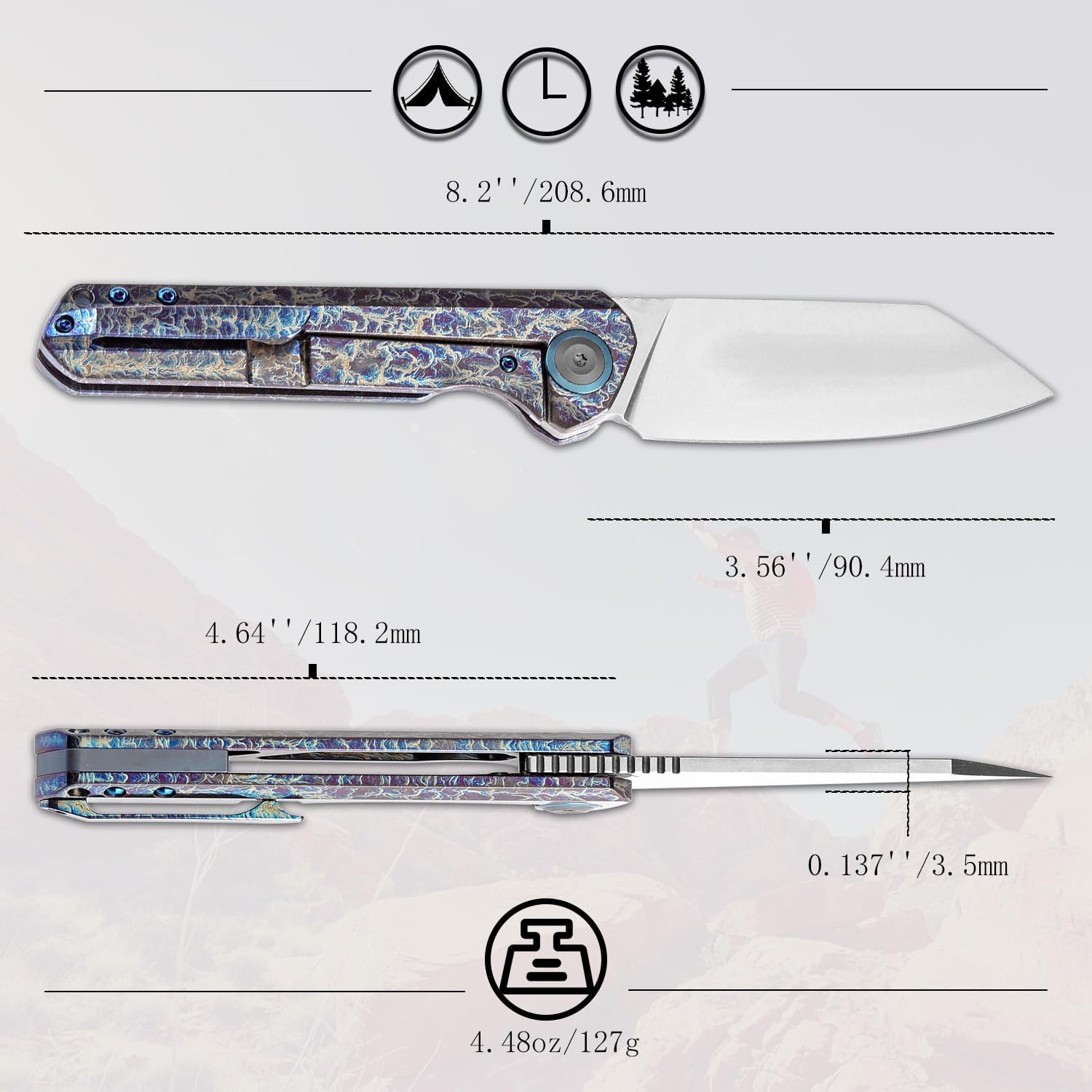 KANSEPT Bulldozer Pocket Folding Knives EDC Camping Fishing Knife 3.56'' Stonewashed CPM 20CV Blade Tactical Folding Knife with Titanium with Lightning Strike Finish Handle Everyday Carry K1028A5
