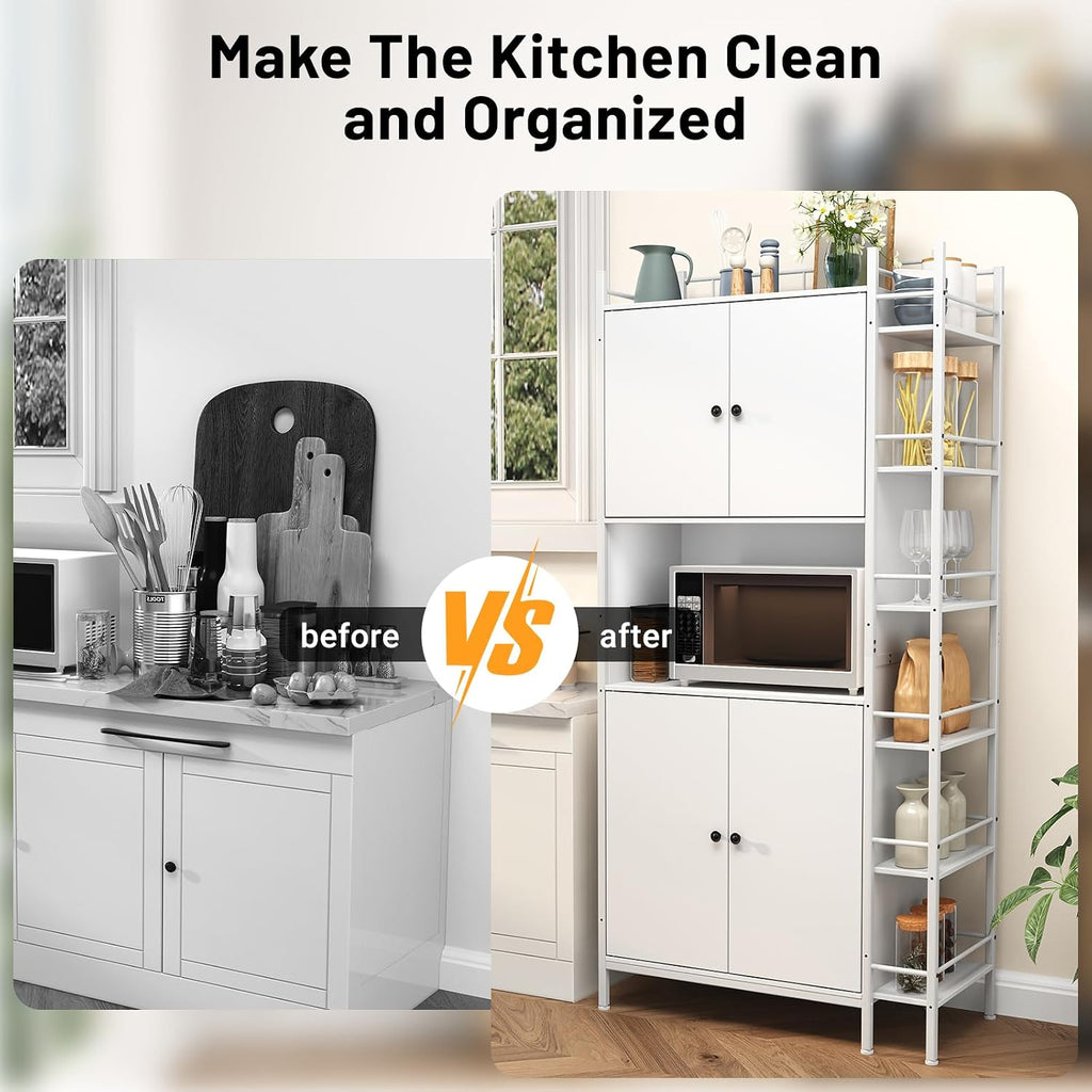 Industrial Style White Kitchen Pantry Cabinet, Tall Kitchen Hutch with Microwave Stand, Food Storage Cabinet with 6 Side Shelves and 2 Doors for Dining Room, and Living Room