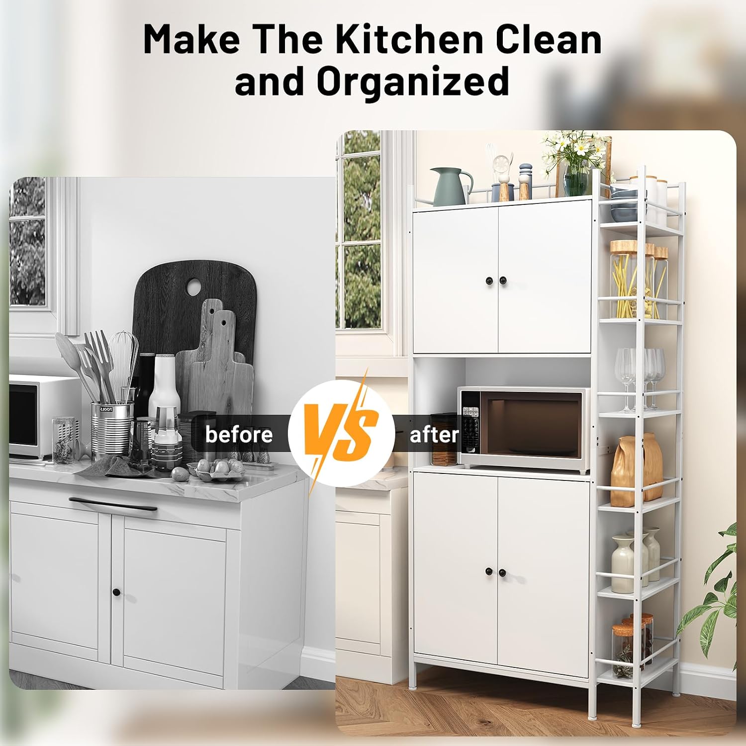 Industrial Style White Kitchen Pantry Cabinet, Tall Kitchen Hutch with Microwave Stand, Food Storage Cabinet with 6 Side Shelves and 2 Doors for Dining Room, and Living Room
