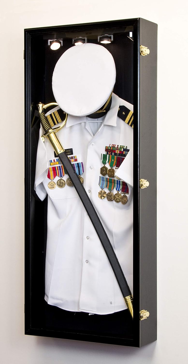 sfDisplay.com,LLC. Military Shadow Box Display Case Uniform Cap Hat Sword Medals Cabinet Wall Frame - Lockable (Black Finish, Black Felt Background)