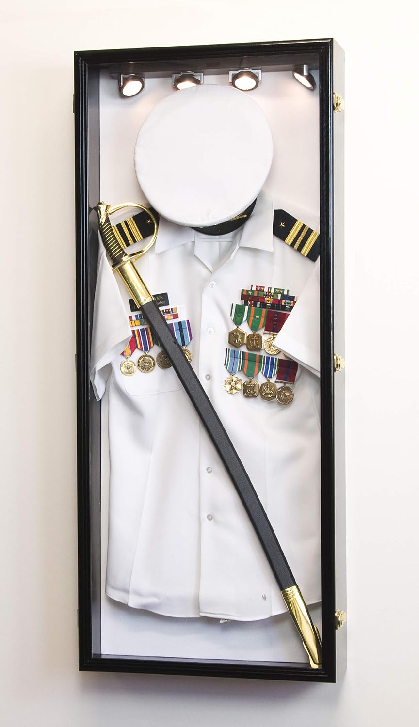 Military Shadow Box Display Case Uniform Cap Hat Sword Medals Cabinet Wall Frame - Lockable (Black Finish, White Felt Background)