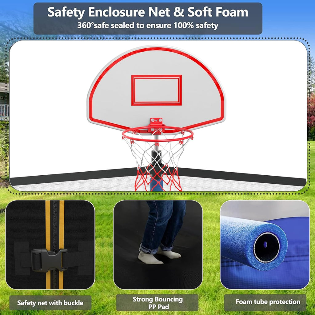 Lyromix Upgraded Trampoline with Lights, Large Outdoor Trampoline with Sprinkler,Basketball Hoop and Net, Capacity for 5-8 Kids and Adults