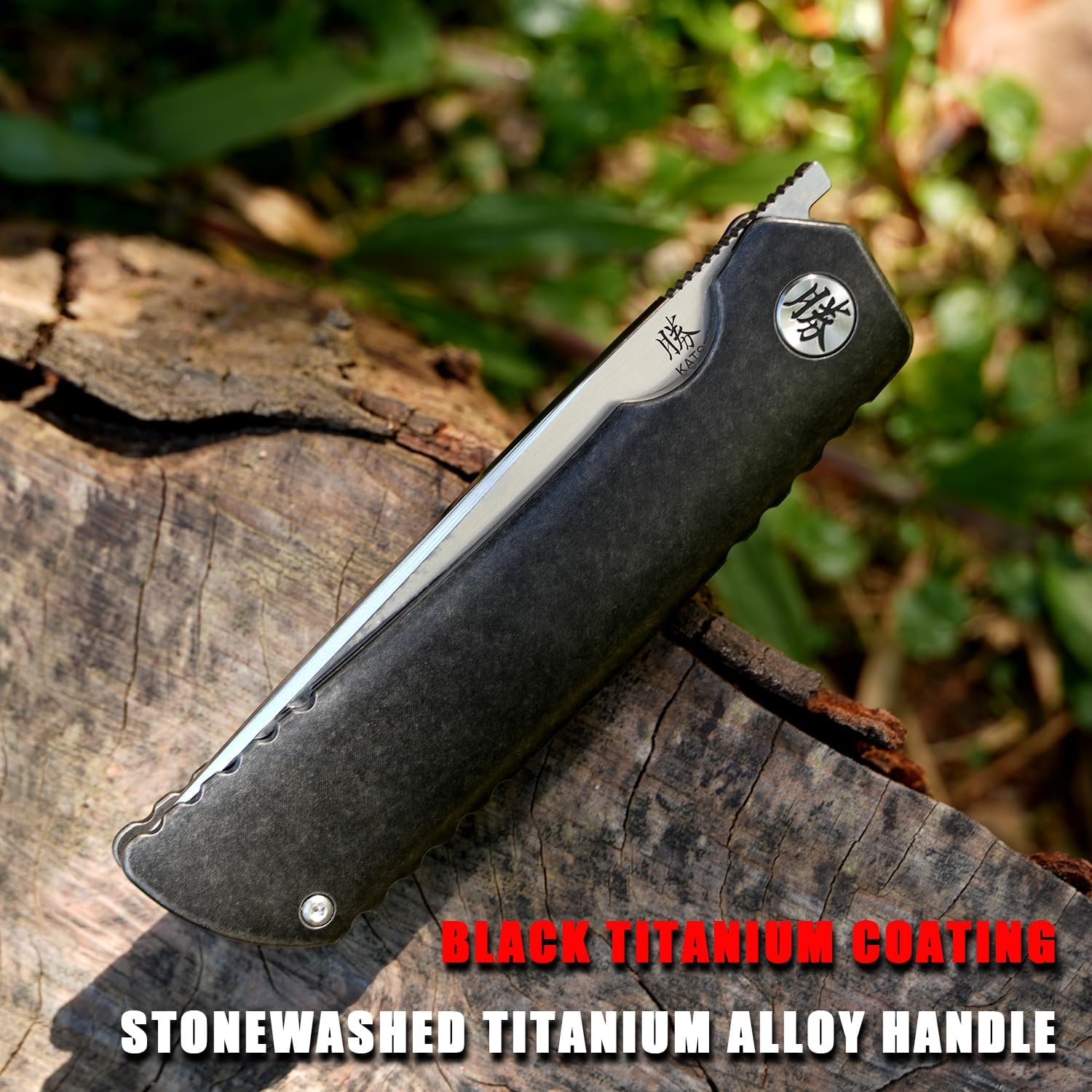 KATSU Folding Pocket Japanese Knife, 17 Layers ZDP-189 Super Steel Convex Grind Blade, Titanium Alloy Handle & Clip, Frame Lock, Leather Sheath