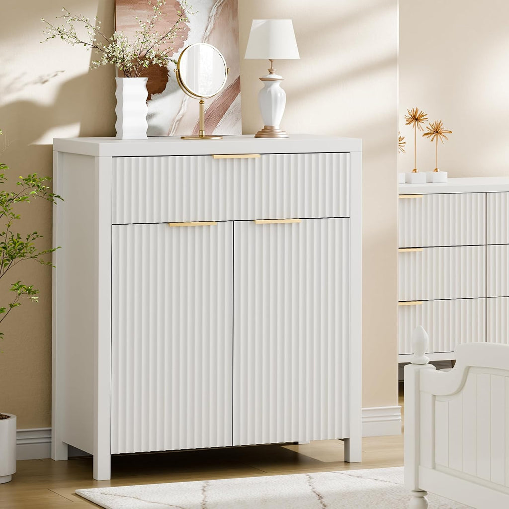 Lulive White Fluted Storage Cabinet with Drawers Buffet Sideboard Cabinet with Adjustable Shelves for Kitchen Living Room, Kitchen, Entryway