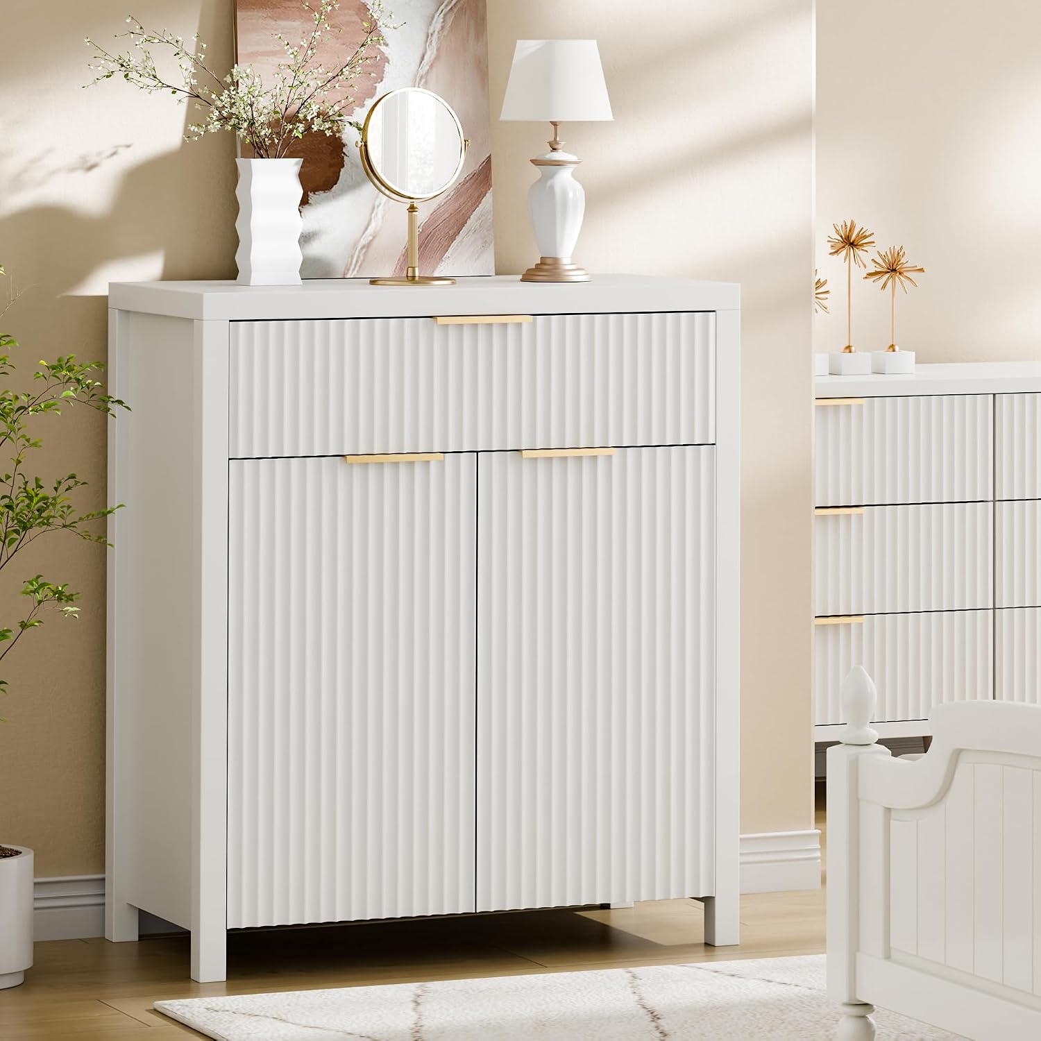 Lulive White Fluted Storage Cabinet with Drawers Buffet Sideboard Cabinet with Adjustable Shelves for Kitchen Living Room, Kitchen, Entryway