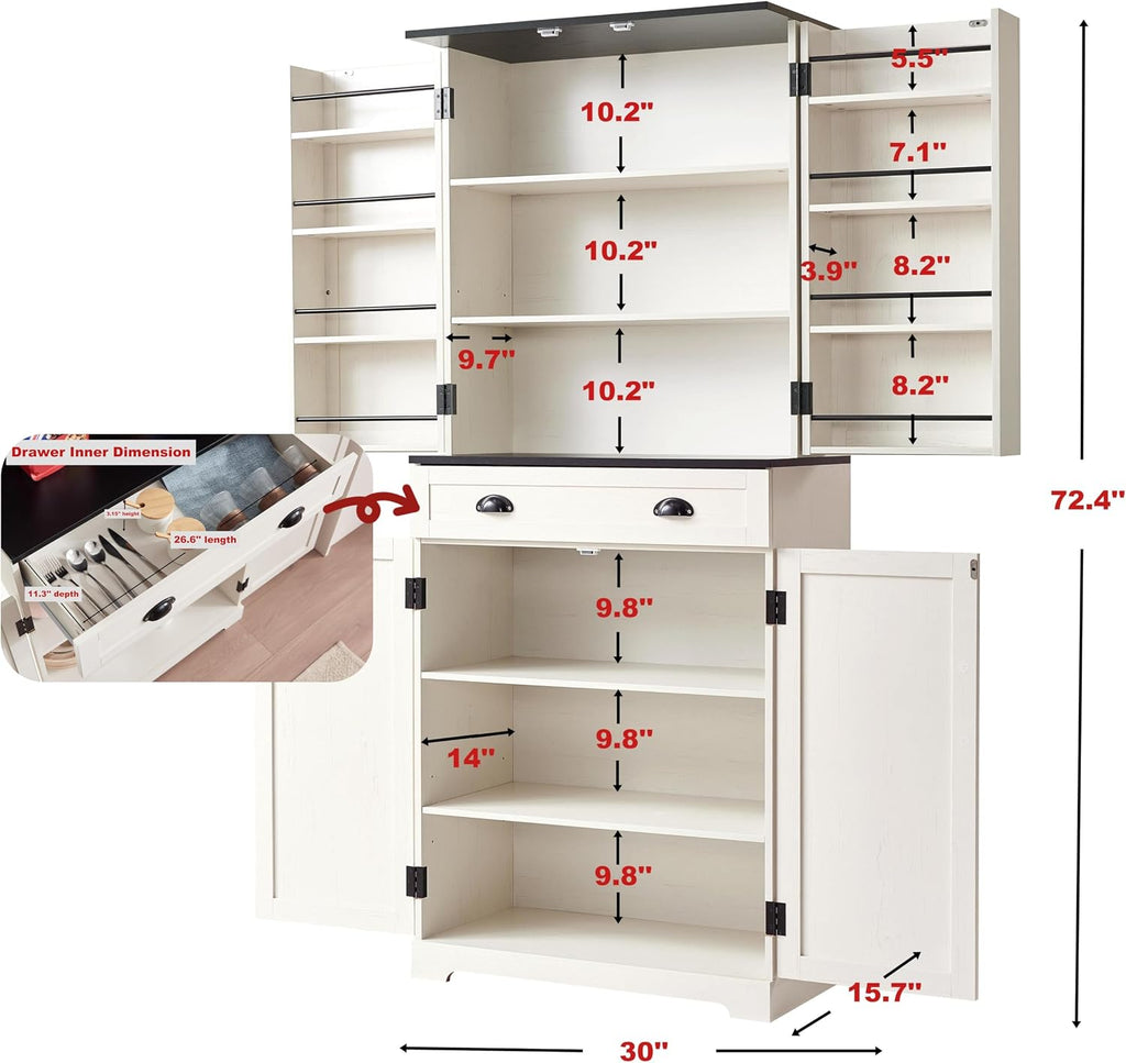 NOZE Kitchen Pantry Cabinet, 72'' White Pantry Storage Cabinet, Freestanding Kitchen Hutch Cabinet and Adjustable Shelves,Tall Food Pantry Cabinet Farmhouse Furniture for Dining Room